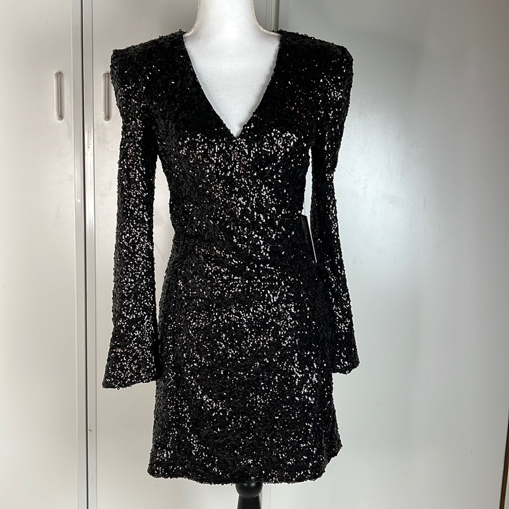 Glam Bodycon Black Sequin Faux-Wrap Dress